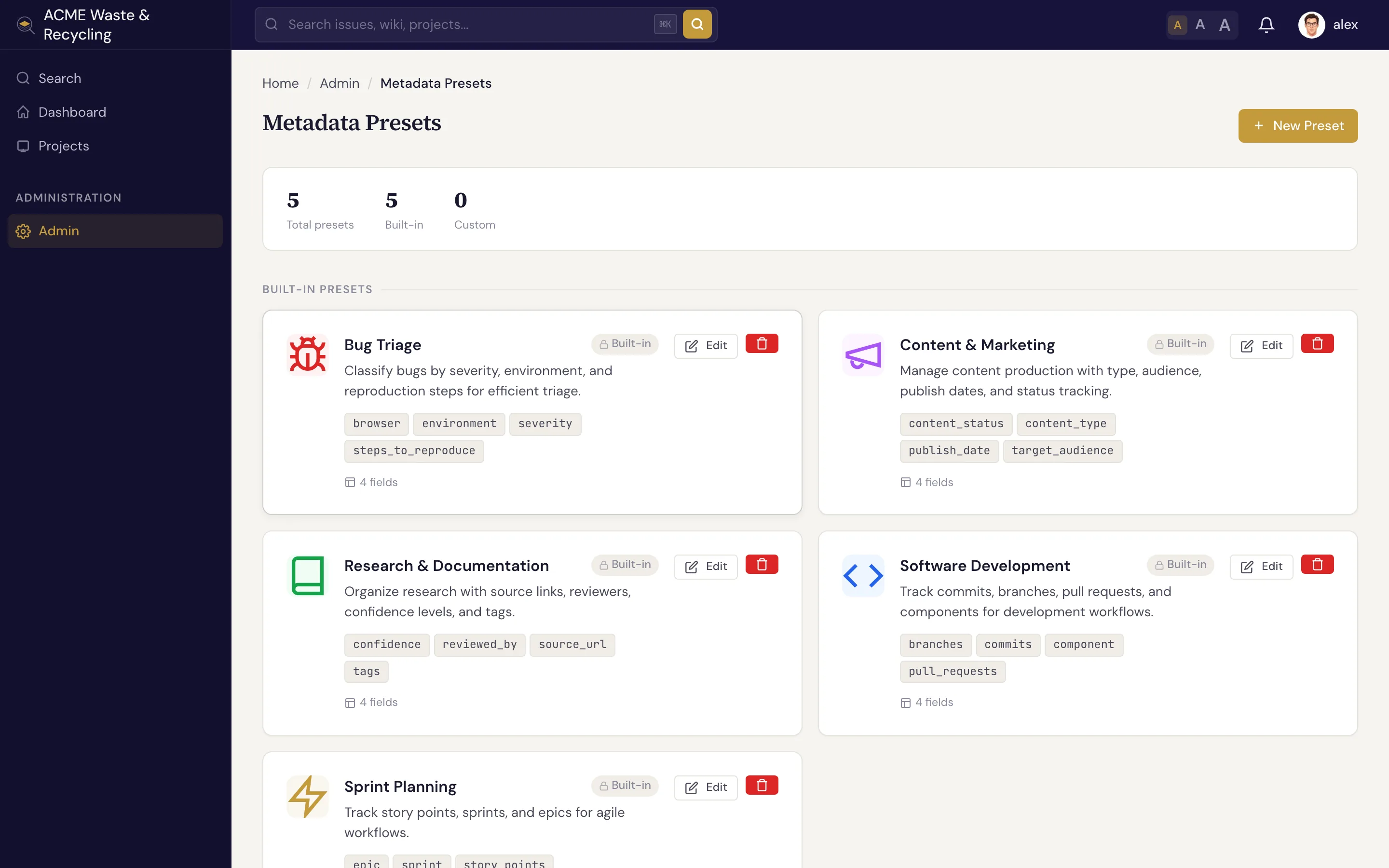 Metadata presets in the admin area