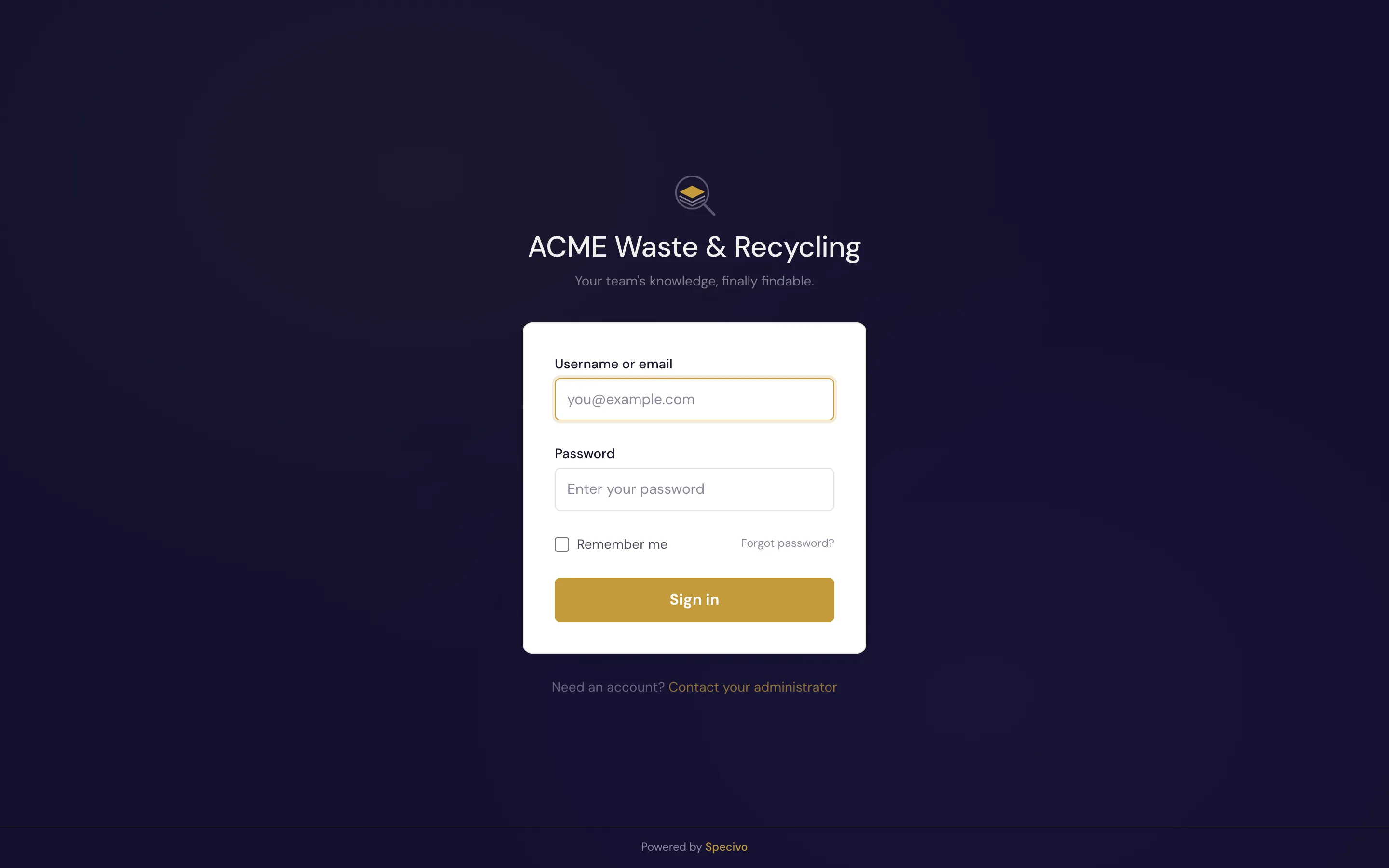 The Specivo sign-in screen
