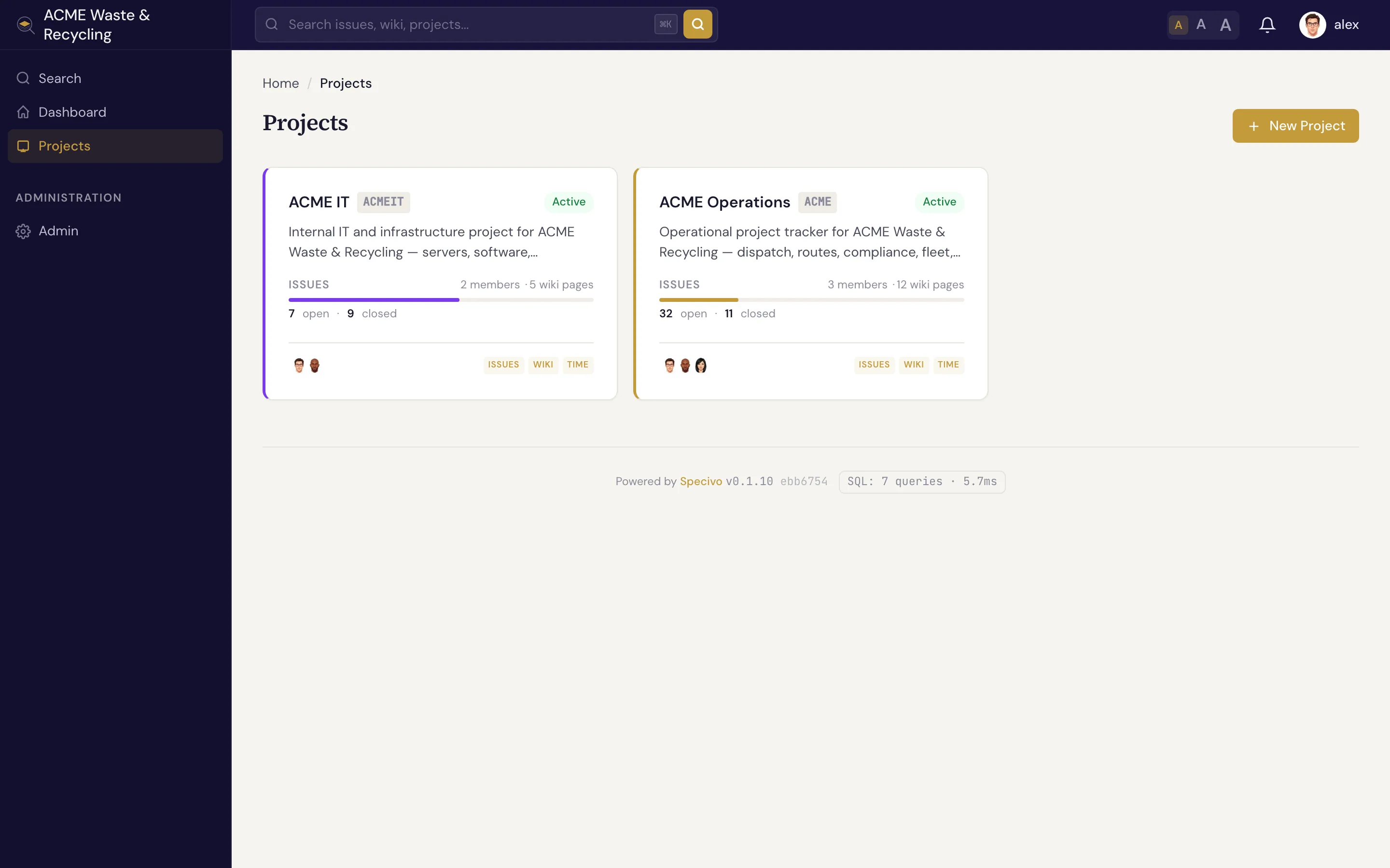 The projects list