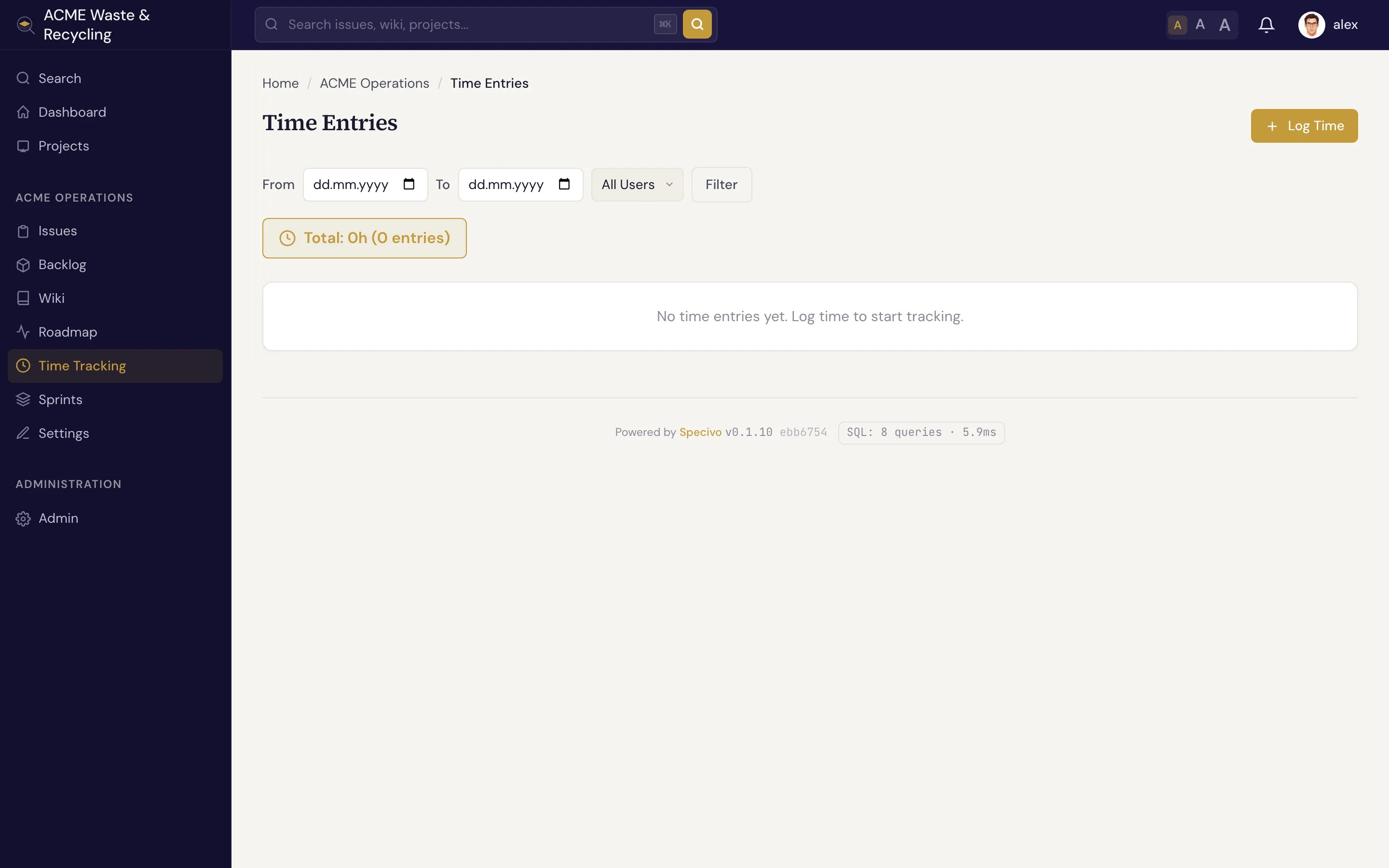 The project time entries