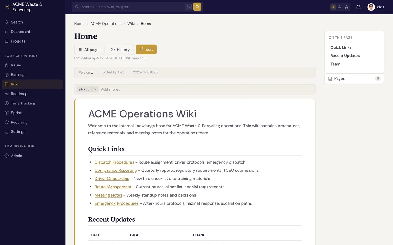A Specivo team wiki — a Markdown page rendered with the page hierarchy in the sidebar, an on-this-page outline, and version history controls.