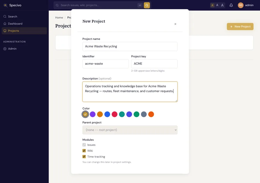 New project dialog