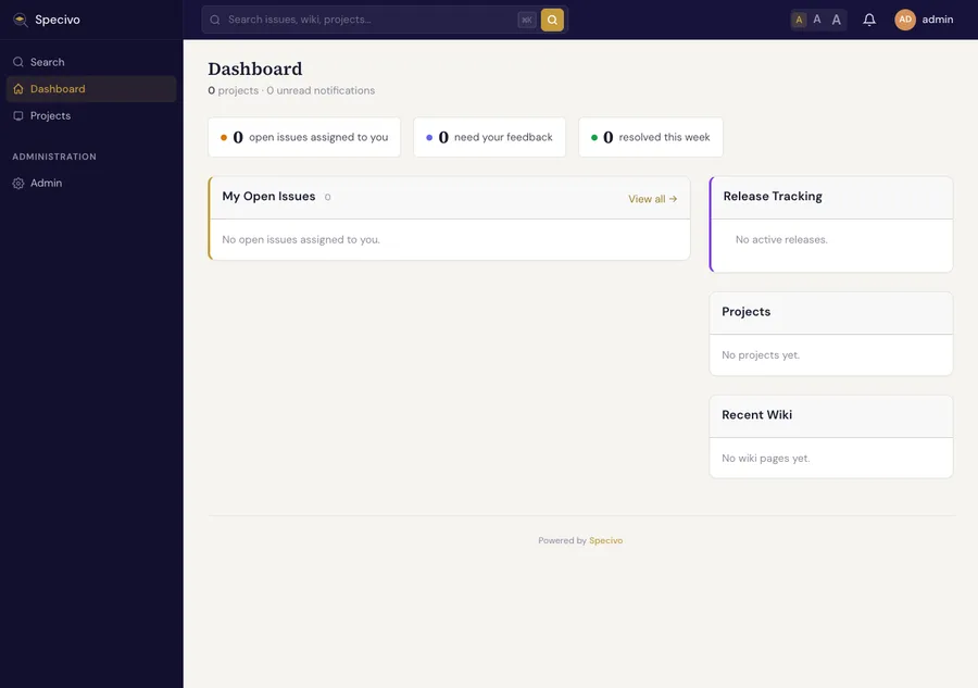 Empty Specivo dashboard