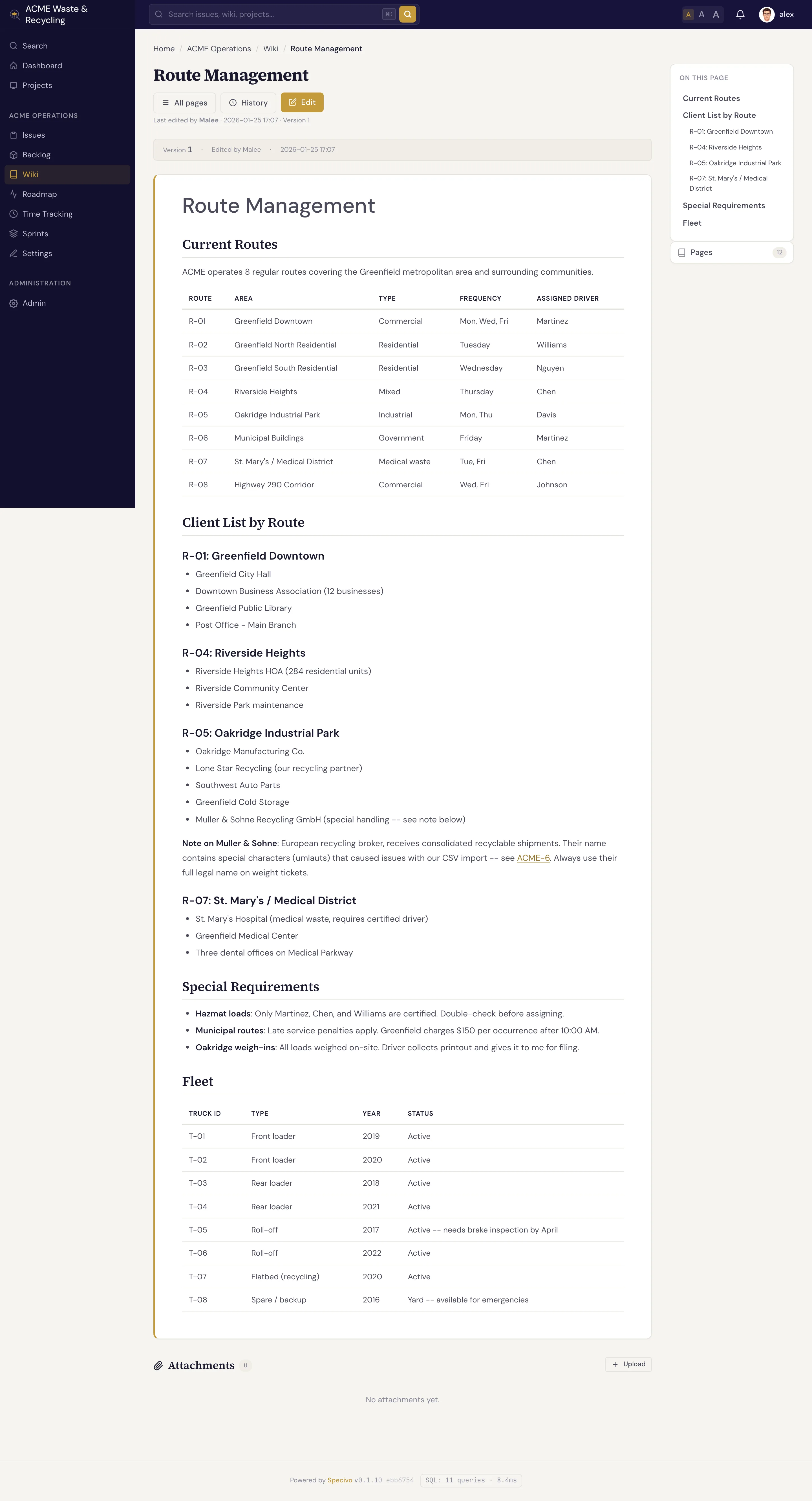 A Specivo wiki article rendered from Markdown, with a page hierarchy in the sidebar and version history controls.